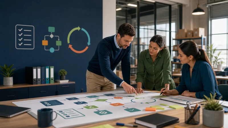 Equipo de empresa que analiza un mapa de procesos, riesgos y acciones para implementar un sistema integrado de gestión